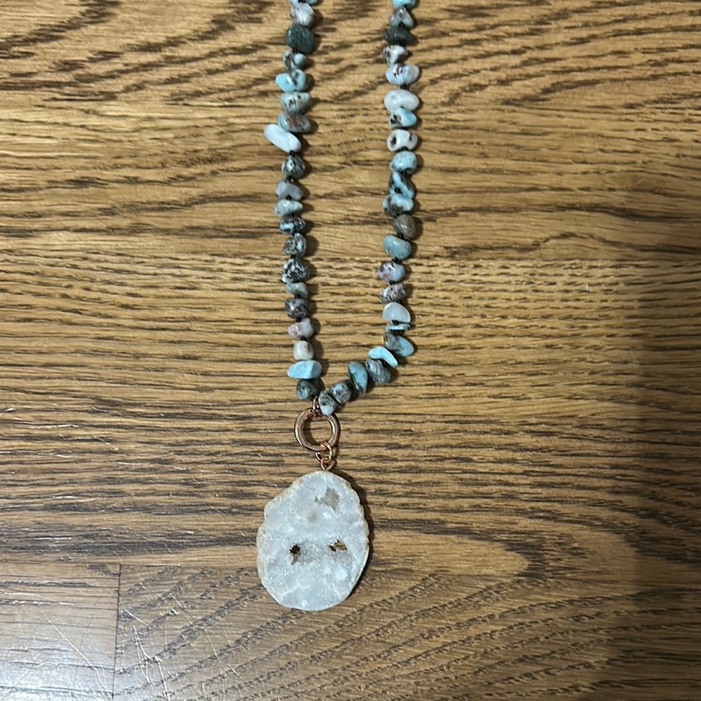 Natural Stone Beaded Necklace with Crystal Pendant
